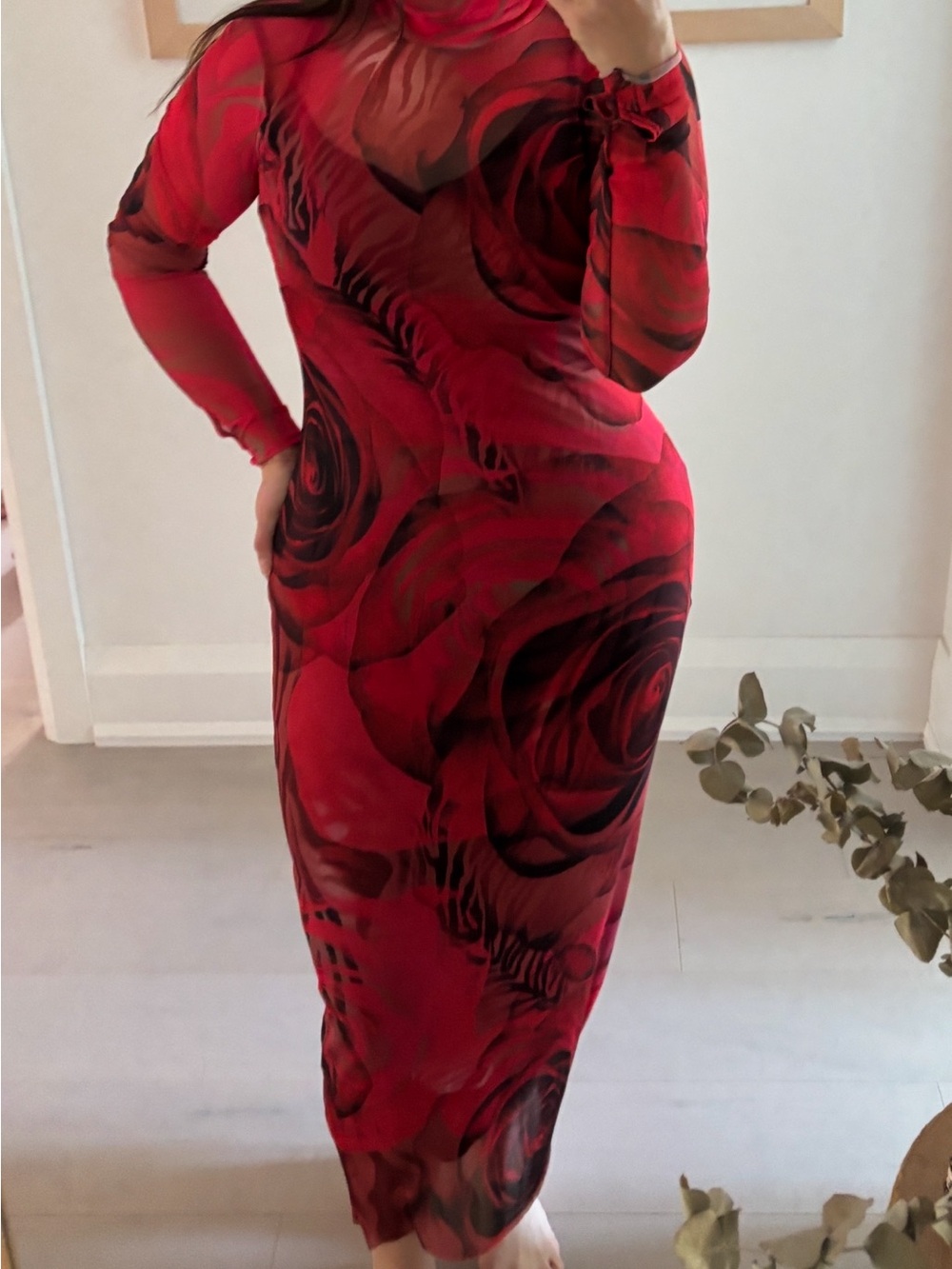 AFRM Red Floral Mesh Bodycon Dress